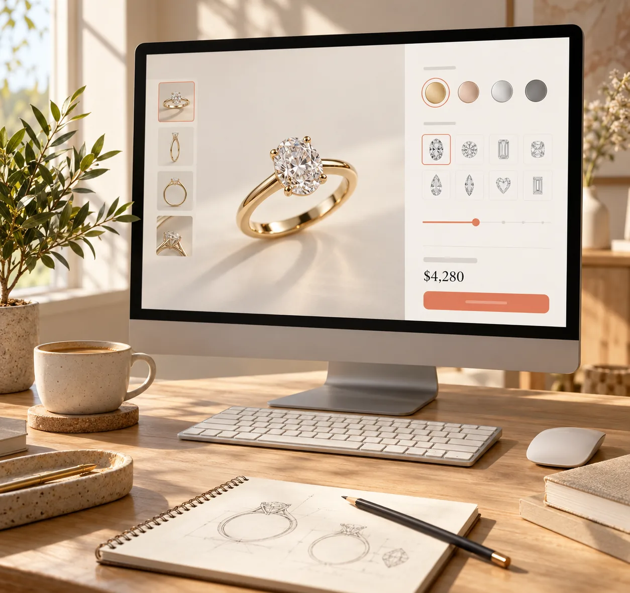 A sunlit studio desk with a product configurator on a large monitor