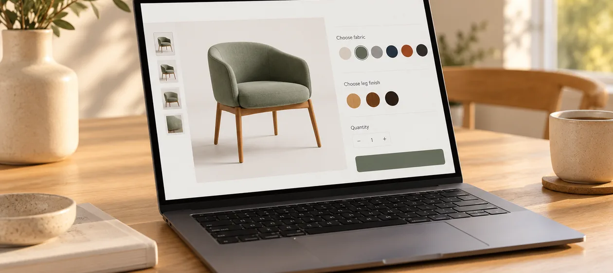 A laptop showing a store page with a custom product preview
