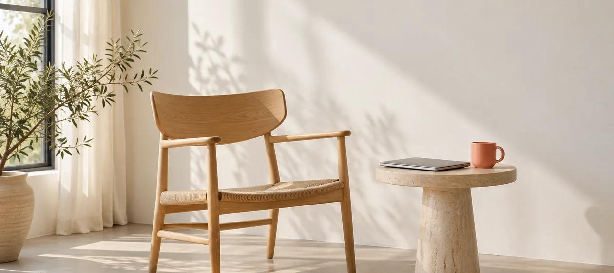 A calm studio corner with a chair and a laptop