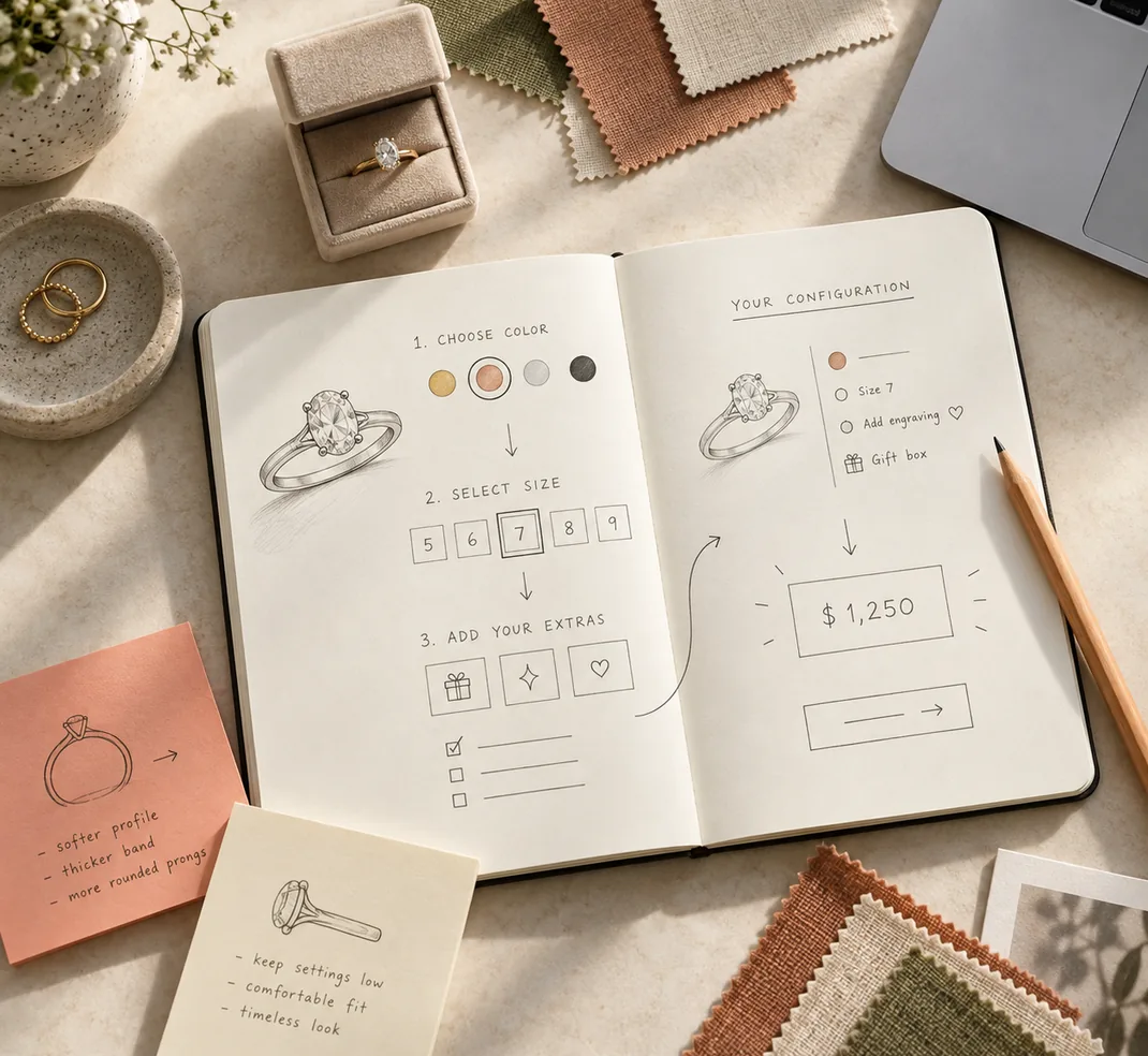 Sketches of product option flows next to a laptop