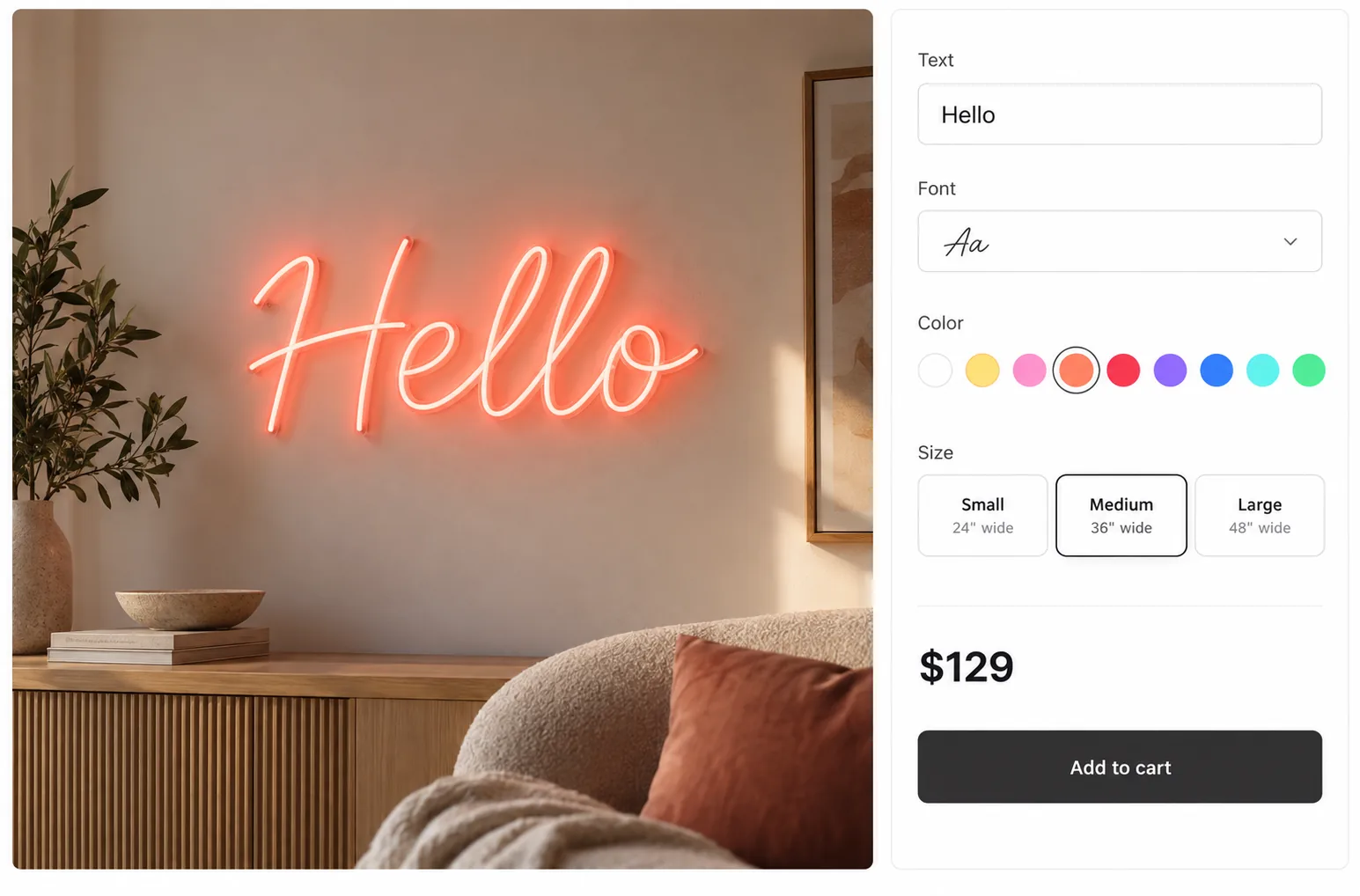 A product configurator: a custom product preview with option controls and a live price